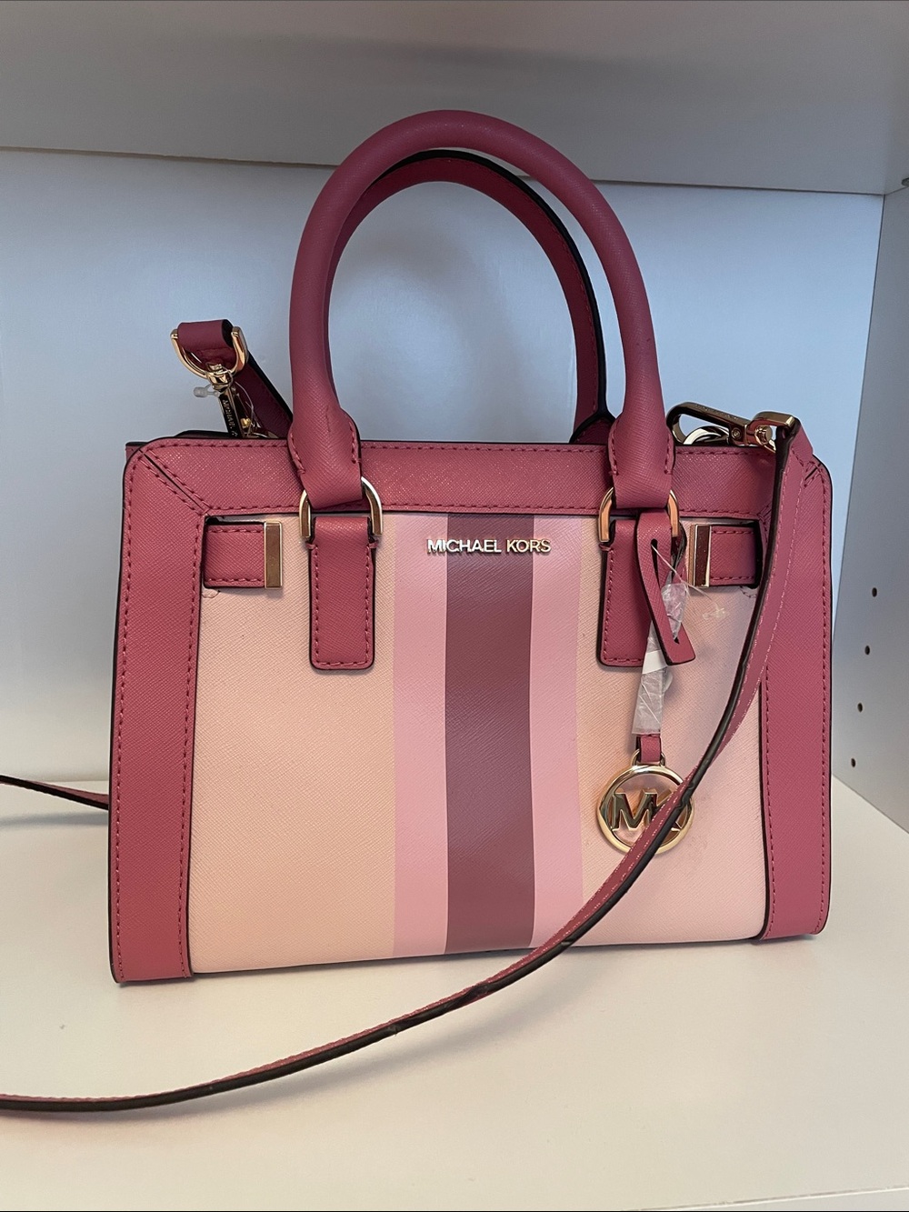 Michael Kors Pink Striped Leather Satchel with Top Handles